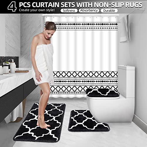 4PCS Bathroom Sets with Shower Curtain Rugs, Black Boho Bathroom Shower Curtain Sets with 12 Hooks, Decorative Spa Hotel Heavy Weighted Waterproof Bath Curtains, Water Absorbent Bath Rugs(71" x 71")