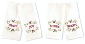 serafina home christmas holiday fingertip towels: decorative embroidered peace, joy, merry, bright with gold scroll on white velour