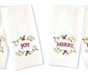 Serafina Home Christmas Holiday Fingertip Towels: Decorative Embroidered Peace, Joy, Merry, Bright with Gold Scroll on White Velour