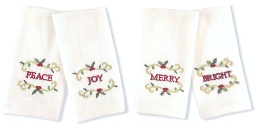 Serafina Home Christmas Holiday Fingertip Towels: Decorative Embroidered Peace, Joy, Merry, Bright with Gold Scroll on White Velour