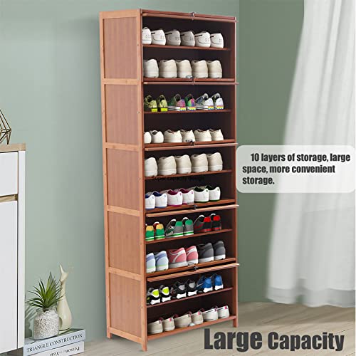 DYRABREST 10-Tier Shoe Organizer Cabinet with Cover Wood Shoe Cabinet Shoe Rack Tiered Storage with Sophisticated Handle and Extra Storage Platform for Home (10-Tier 70cm)