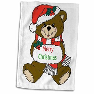 3d rose image of teddy bear saying merry christmas hand towel, 15" x 22"