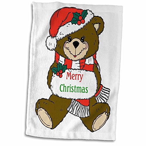 3D Rose Image of Teddy Bear Saying Merry Christmas Hand Towel, 15" x 22"