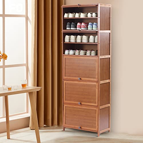 DYRABREST 10 Tier Bamboo Freestanding Shoes Rack, Tall Nan Bamboo Laminate Shoe Storage Cabinet with Doors Fashion Heels Sneakers Shelf Rack for Entryway Office Living Room