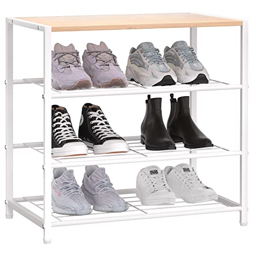 YOUDENOVA Metal Shoe Rack, 4-Tier Shoe Shelf with MDF Wood Top Board, Shoe Tower for Entryway, Shoe Storage Organizer for Hallway, Closet, Bedroom, Living Room - White Oak