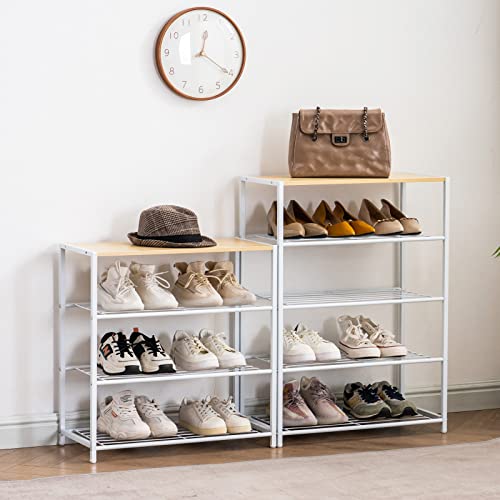 YOUDENOVA Metal Shoe Rack, 4-Tier Shoe Shelf with MDF Wood Top Board, Shoe Tower for Entryway, Shoe Storage Organizer for Hallway, Closet, Bedroom, Living Room - White Oak