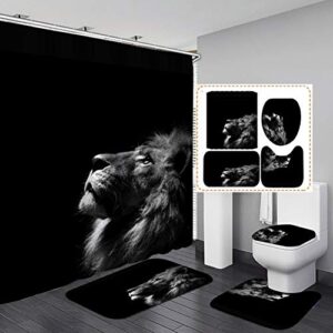 4 pcs wild animal shower curtain sets with non-slip rugs and toilet lid cover lion dark grey majestic forest king bath decor shower curtains 72"x 72" with 12 hooks durable waterproof for bathroom