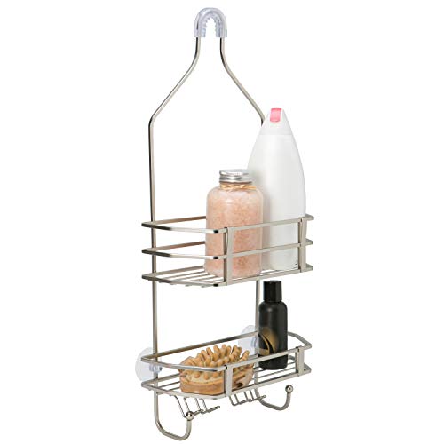 Bath Bliss Shower Head Caddy, Suction Cup Backing, 2 Tier Shelving & 6 Accessory Hooks, Satin