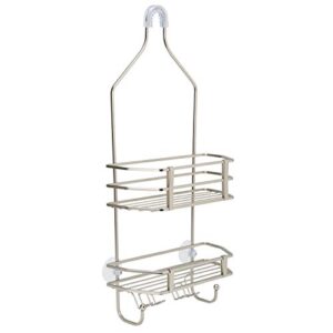 Bath Bliss Shower Head Caddy, Suction Cup Backing, 2 Tier Shelving & 6 Accessory Hooks, Satin