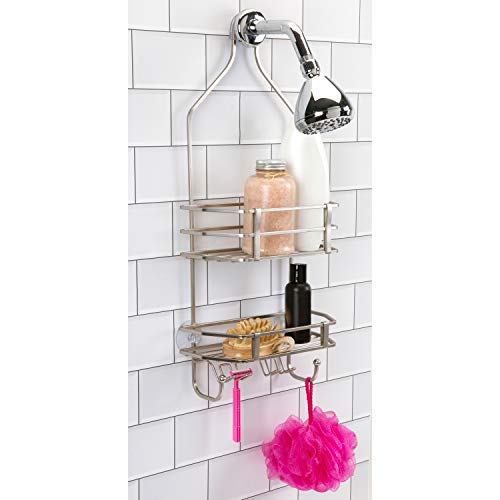 Bath Bliss Shower Head Caddy, Suction Cup Backing, 2 Tier Shelving & 6 Accessory Hooks, Satin