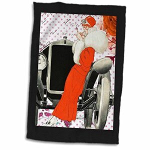 3d rose image of art deco lady in red leaning on antique car hand towel, 15" x 22"