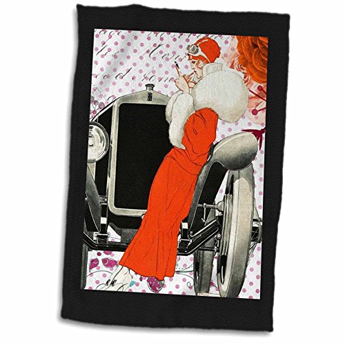 3D Rose Image of Art Deco Lady in Red Leaning On Antique Car Hand Towel, 15" x 22"