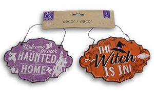 halloween mini signs - the witch is in and welcome to our haunted home - with wire hangers - set of 2