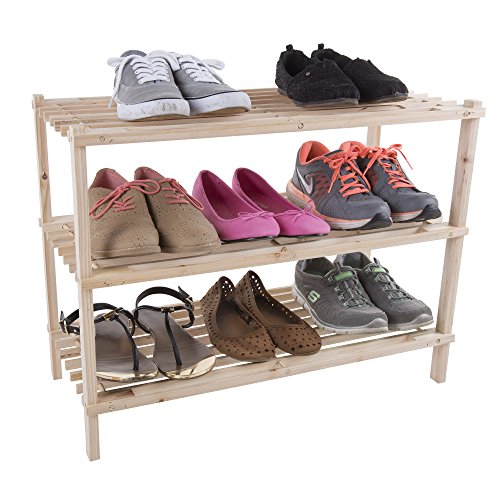 Wood Shoe Rack, Storage Bench – Closet, Bathroom, Kitchen, Entry Organizer, 3-Tier Space Saver Shoe Rack by Lavish Home,Light Woodgrain