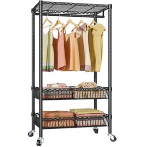 vipek x2 rolling garment rack adjustable wire clothing rack portable closet rack with hanging rod metal basket heavy duty clothes drying rack laundry sorter cart bathroom storage shelves, black