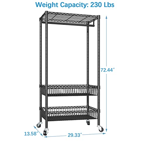 VIPEK X2 Rolling Garment Rack Adjustable Wire Clothing Rack Portable Closet Rack with Hanging Rod Metal Basket Heavy Duty Clothes Drying Rack Laundry Sorter Cart Bathroom Storage Shelves, Black