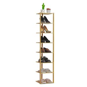 monibloom 8 tier shoe rack, bamboo narrow vertical single pairs shoe storage space saving tall shoe organizer for small spaces corner bedroom entryway balcony, natural