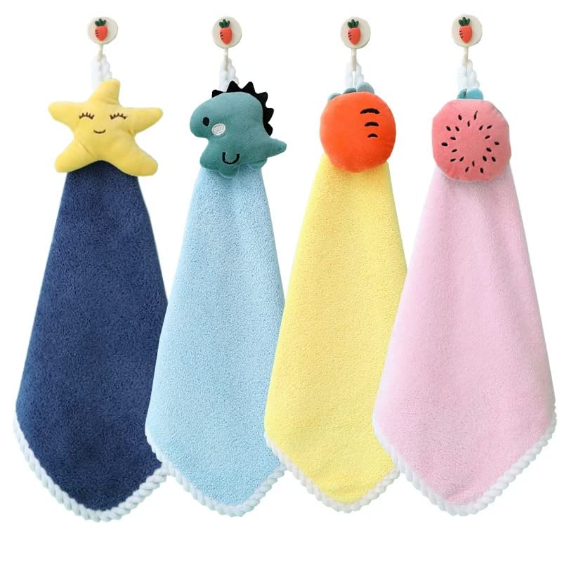 4-Pack of Cute Hand Towels with Hanging Loops, Creative Coral Fleece Hand Towels, Super Absorbent Hand Towels. Suitable for Bathroom, Kitchen, Dormitory