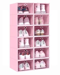 kpx 12 pack stackable shoe storage organizer plastic with lid, clear shoe boxes drop front, shoe containers bins for men’s sneaker women’s high heels – easy to assemble (pink)