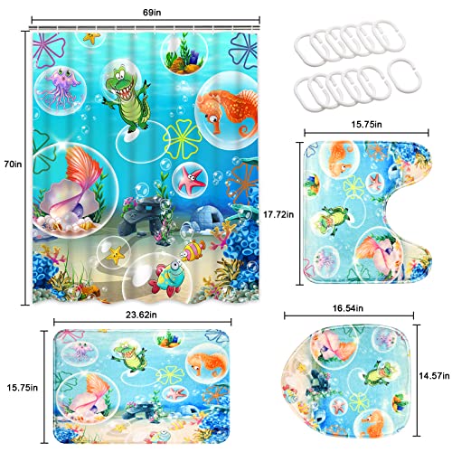 Alishomtll 4 Pcs Kids Ocean Shower Curtain Set with Non-Slip Rug, Toilet Lid Cover and Bath Mat, Funny Sea Fish Shower Curtain with Hooks, Cartoon Octopus Nautical Shower Curtains for Bathroom Decor