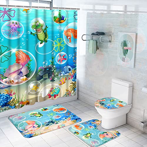 Alishomtll 4 Pcs Kids Ocean Shower Curtain Set with Non-Slip Rug, Toilet Lid Cover and Bath Mat, Funny Sea Fish Shower Curtain with Hooks, Cartoon Octopus Nautical Shower Curtains for Bathroom Decor