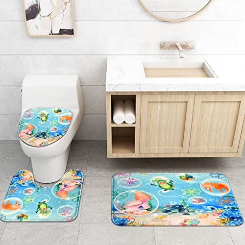 Alishomtll 4 Pcs Kids Ocean Shower Curtain Set with Non-Slip Rug, Toilet Lid Cover and Bath Mat, Funny Sea Fish Shower Curtain with Hooks, Cartoon Octopus Nautical Shower Curtains for Bathroom Decor