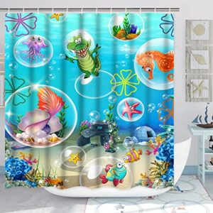 Alishomtll 4 Pcs Kids Ocean Shower Curtain Set with Non-Slip Rug, Toilet Lid Cover and Bath Mat, Funny Sea Fish Shower Curtain with Hooks, Cartoon Octopus Nautical Shower Curtains for Bathroom Decor