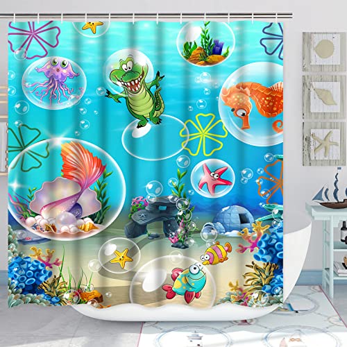 Alishomtll 4 Pcs Kids Ocean Shower Curtain Set with Non-Slip Rug, Toilet Lid Cover and Bath Mat, Funny Sea Fish Shower Curtain with Hooks, Cartoon Octopus Nautical Shower Curtains for Bathroom Decor