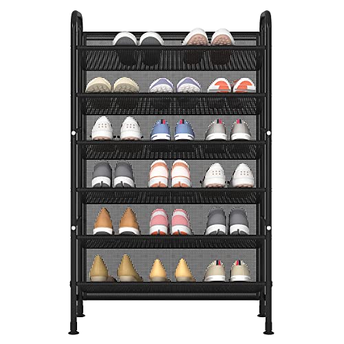 FKUO 6 Tier Shoe rack for closet Mesh fabric narrow Metal shoe racks, Space saving Small Shoe Storage Organizer Shelf for Entryway, Hallway, Dorm Room (Black, 6-Tier)