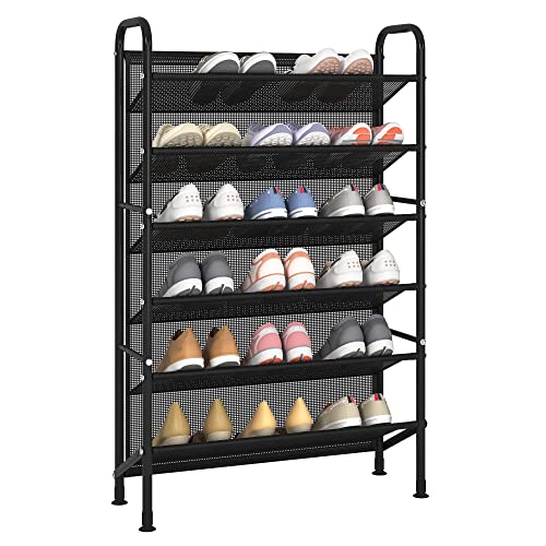 FKUO 6 Tier Shoe rack for closet Mesh fabric narrow Metal shoe racks, Space saving Small Shoe Storage Organizer Shelf for Entryway, Hallway, Dorm Room (Black, 6-Tier)