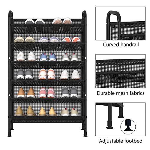 FKUO 6 Tier Shoe rack for closet Mesh fabric narrow Metal shoe racks, Space saving Small Shoe Storage Organizer Shelf for Entryway, Hallway, Dorm Room (Black, 6-Tier)