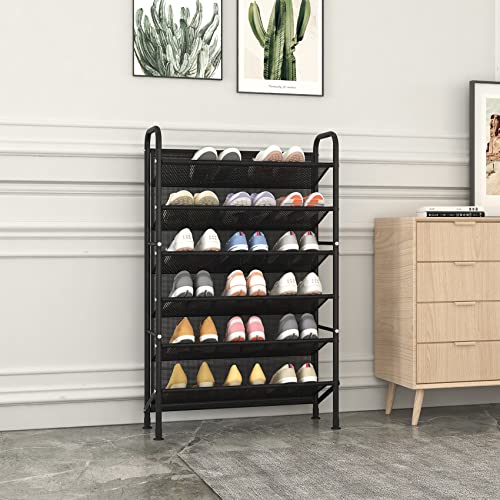 FKUO 6 Tier Shoe rack for closet Mesh fabric narrow Metal shoe racks, Space saving Small Shoe Storage Organizer Shelf for Entryway, Hallway, Dorm Room (Black, 6-Tier)