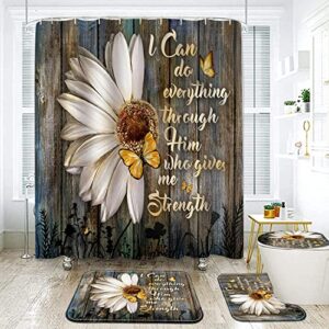 gudaguu 4 piece rustic flower shower curtains retro bathroom sets, daisy vintage wooden floral waterproof bath decor with non- slip rug u-shape mat toilet seat pad cover and hooks (brown)