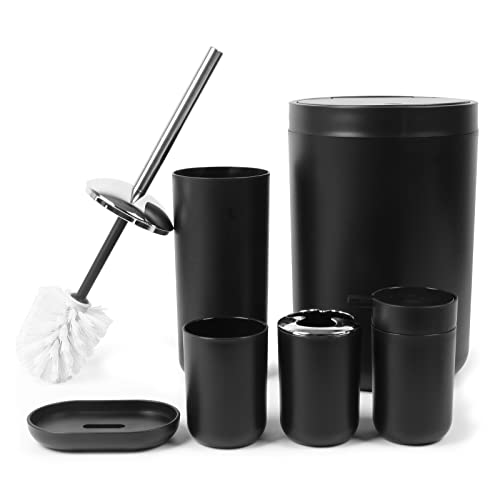 Bathroom Accessory Set, 6-Piece Toothbrush Holder, Toothbrush Cup, Garbage Trash Can, Soap Dispenser, Soap Dish and Toilet Brush Holder, Black