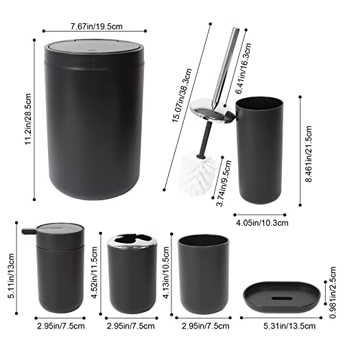 Bathroom Accessory Set, 6-Piece Toothbrush Holder, Toothbrush Cup, Garbage Trash Can, Soap Dispenser, Soap Dish and Toilet Brush Holder, Black