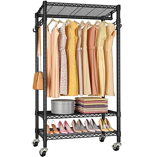 VIPEK X1 Plus Rolling Garment Rack Heavy Duty Clothes Rack for Hanging Clothes, Portable Closet Wardrobe with Wheels and Side Hooks, Adjustable Freestanding Metal Clothing Rack with Shelves, Black