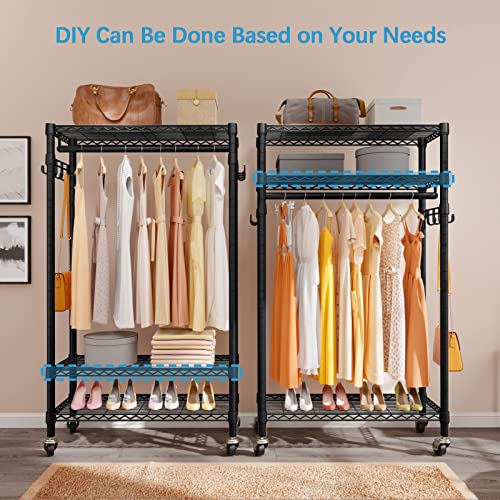 VIPEK X1 Plus Rolling Garment Rack Heavy Duty Clothes Rack for Hanging Clothes, Portable Closet Wardrobe with Wheels and Side Hooks, Adjustable Freestanding Metal Clothing Rack with Shelves, Black