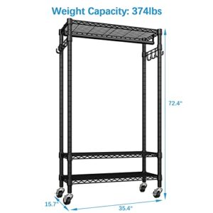 VIPEK X1 Plus Rolling Garment Rack Heavy Duty Clothes Rack for Hanging Clothes, Portable Closet Wardrobe with Wheels and Side Hooks, Adjustable Freestanding Metal Clothing Rack with Shelves, Black