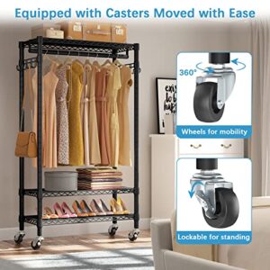 VIPEK X1 Plus Rolling Garment Rack Heavy Duty Clothes Rack for Hanging Clothes, Portable Closet Wardrobe with Wheels and Side Hooks, Adjustable Freestanding Metal Clothing Rack with Shelves, Black