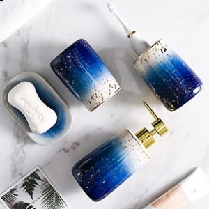 bathroom accessory set, ceramic bathroom accessories set blue, 4 piece navy starry washing set of 2 gargle cups, soap dish, lotion dispenser, bathroom countertop ceramic accessory set bathroom decor