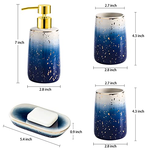 Bathroom Accessory Set, Ceramic Bathroom Accessories Set Blue, 4 Piece Navy Starry Washing Set of 2 Gargle Cups, Soap Dish, Lotion Dispenser, Bathroom Countertop Ceramic Accessory Set Bathroom Decor