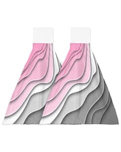 chucoco modern pink grey white color ombre kitchen hanging towel, set of 2 absorbent soft hand tie towel contemporary ripple stripe durable tea bar dish towels for bathroom laundry room decor