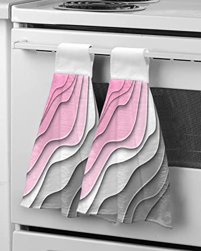 Chucoco Modern Pink Grey White Color Ombre Kitchen Hanging Towel, Set of 2 Absorbent Soft Hand Tie Towel Contemporary Ripple Stripe Durable Tea Bar Dish Towels for Bathroom Laundry Room Decor