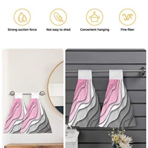 Chucoco Modern Pink Grey White Color Ombre Kitchen Hanging Towel, Set of 2 Absorbent Soft Hand Tie Towel Contemporary Ripple Stripe Durable Tea Bar Dish Towels for Bathroom Laundry Room Decor