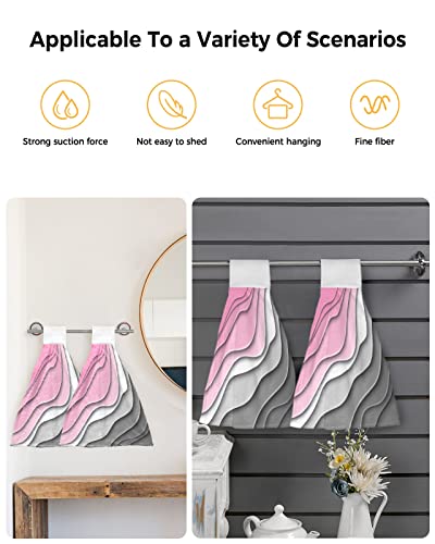 Chucoco Modern Pink Grey White Color Ombre Kitchen Hanging Towel, Set of 2 Absorbent Soft Hand Tie Towel Contemporary Ripple Stripe Durable Tea Bar Dish Towels for Bathroom Laundry Room Decor