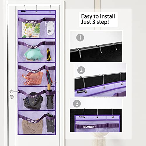 ANZORG Weekly Kids Clothes Organizer Day of Week School Clothing Storage Monday to Friday Hanging Closet Organizer (Purple)