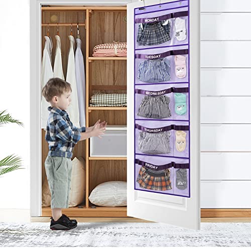 ANZORG Weekly Kids Clothes Organizer Day of Week School Clothing Storage Monday to Friday Hanging Closet Organizer (Purple)
