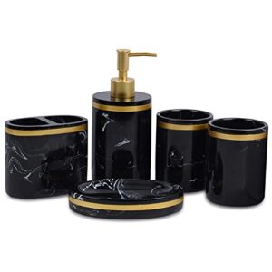 5-piece bathroom counter top accessory set - dispenser for liquid soap or lotion, soap dish, 2 tumblers and toothbrush holder, marble pattern resin (classic black)
