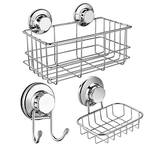 SANNO Suction Cups Shower Caddy Soap Holder Suction Hooks, Bathroom Wire Basket Caddy Accessories Storage Organizer Shelf for Shampoo, Soap,Conditioner-set of 3