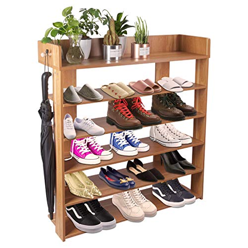 Elevens 18 Pairs Shoe Rack with Top Shelf and Hanging Bar (Wood)